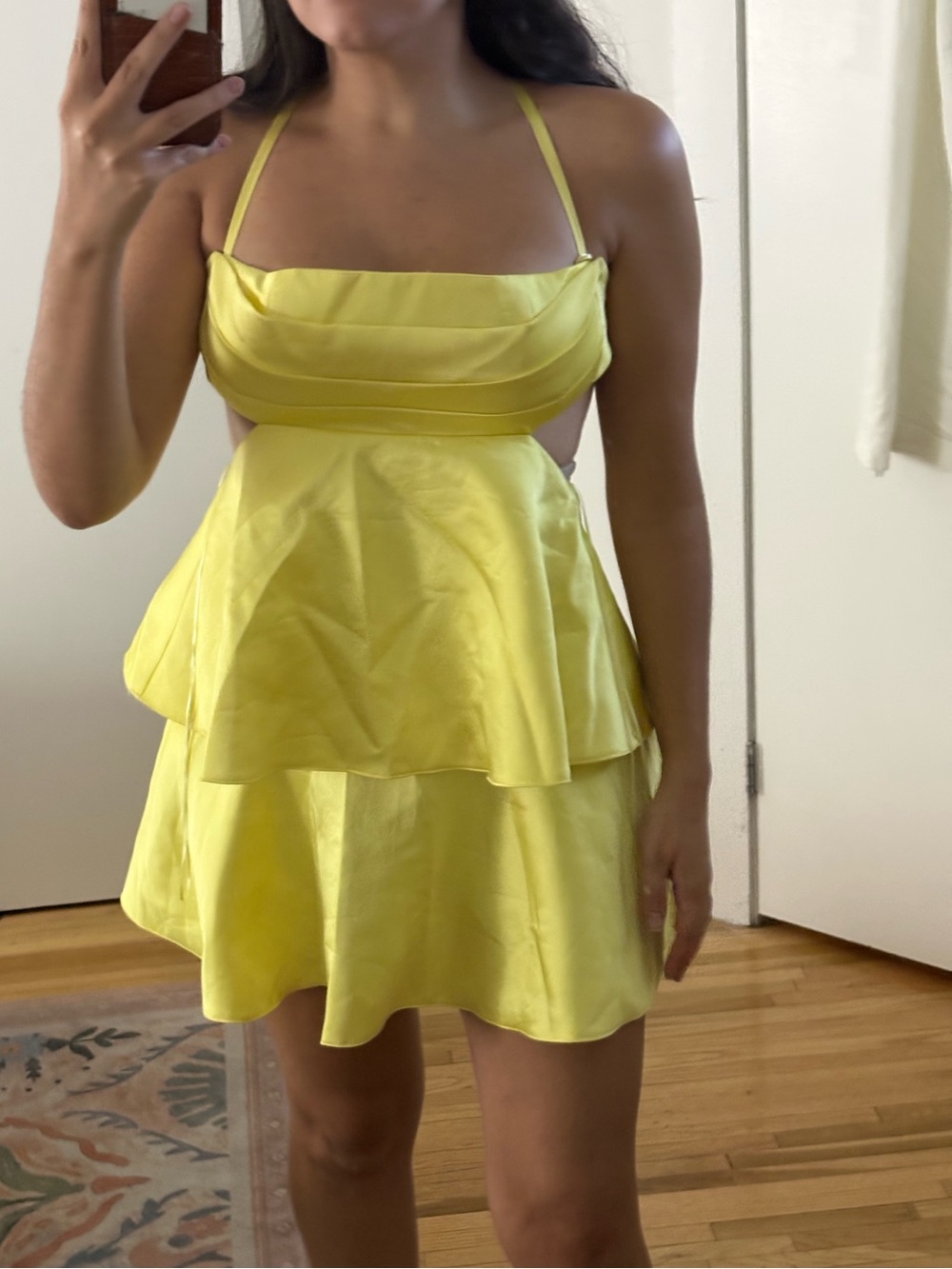 Zara Yellow Satin Mini Dress with Spaghetti Straps